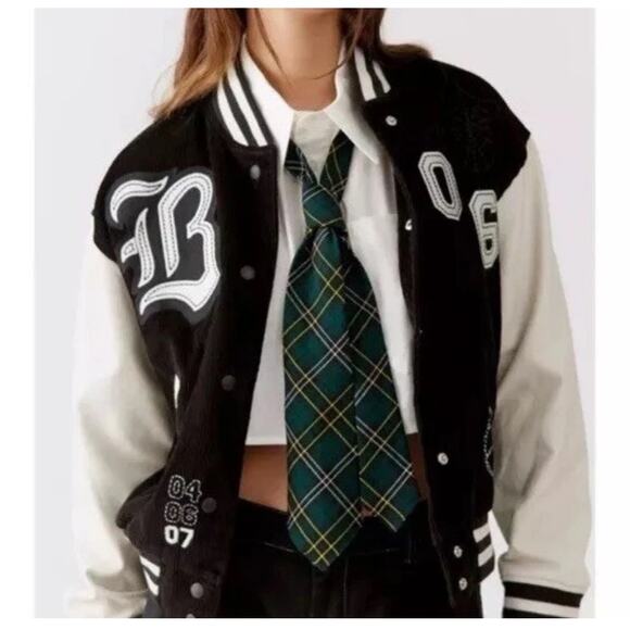 Urban Outfitters BDG Black Embroidered Corduroy Varsity Bomber Jacket Size Large - Picture 1 of 16